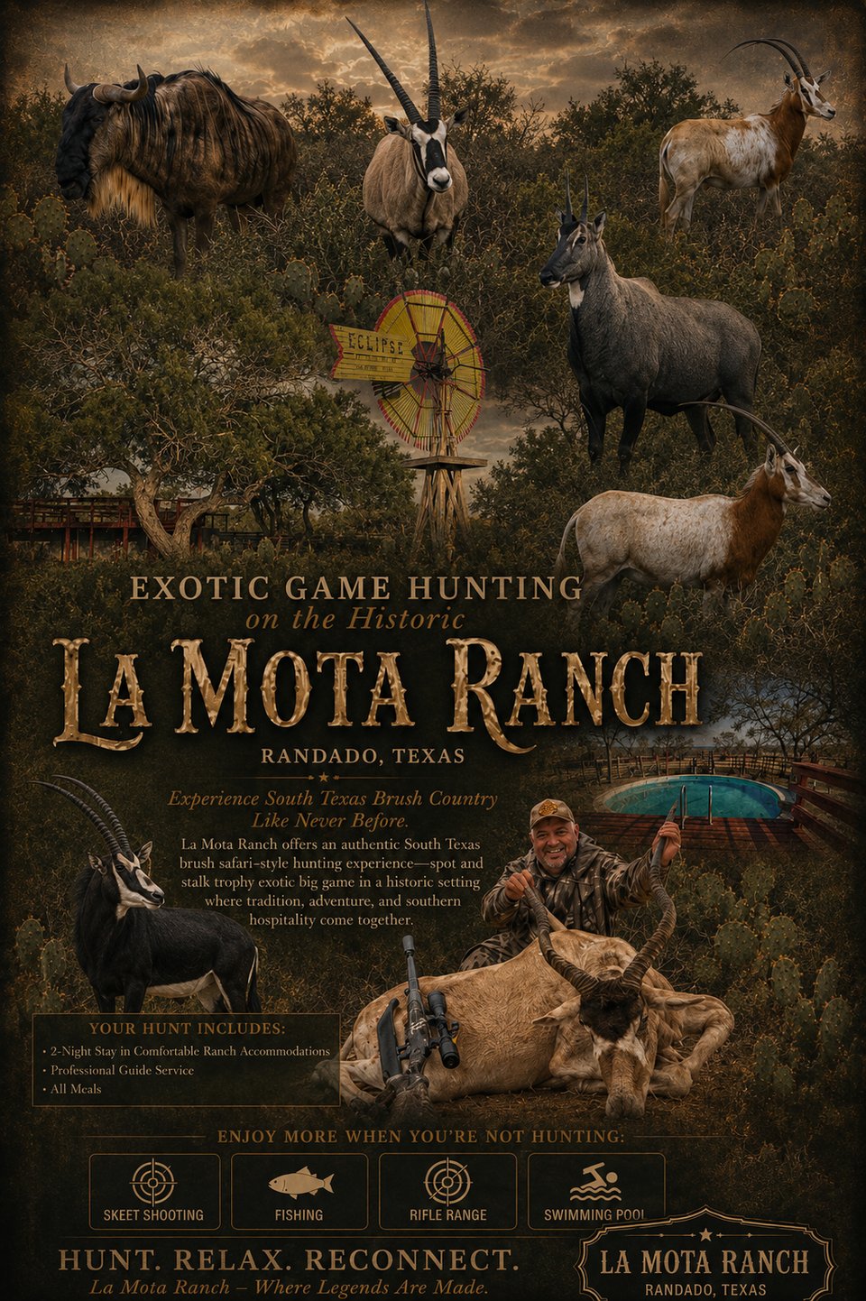 Trophy Exotic Hunts on the Historic La Mota Ranch, Randado TX: Oryx, Addax, Sable, Wildebeest & Nilgai